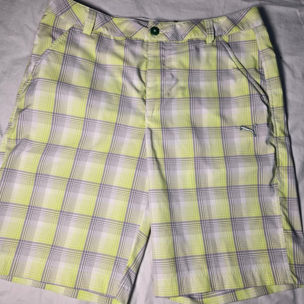 Puma Golf Shorts 34 Lime Green Grey Plaid Performance Small Ink Mark See Pics